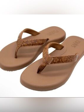 Flojos Sofia Brown Leather Stamped Flip Flop Sandals